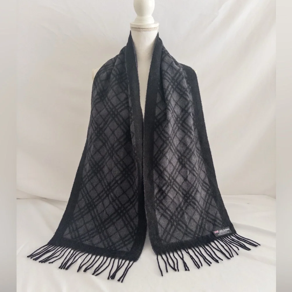 Vintage 100% Cashmere Plaid Scarf Made in Scotland Charcoal Black